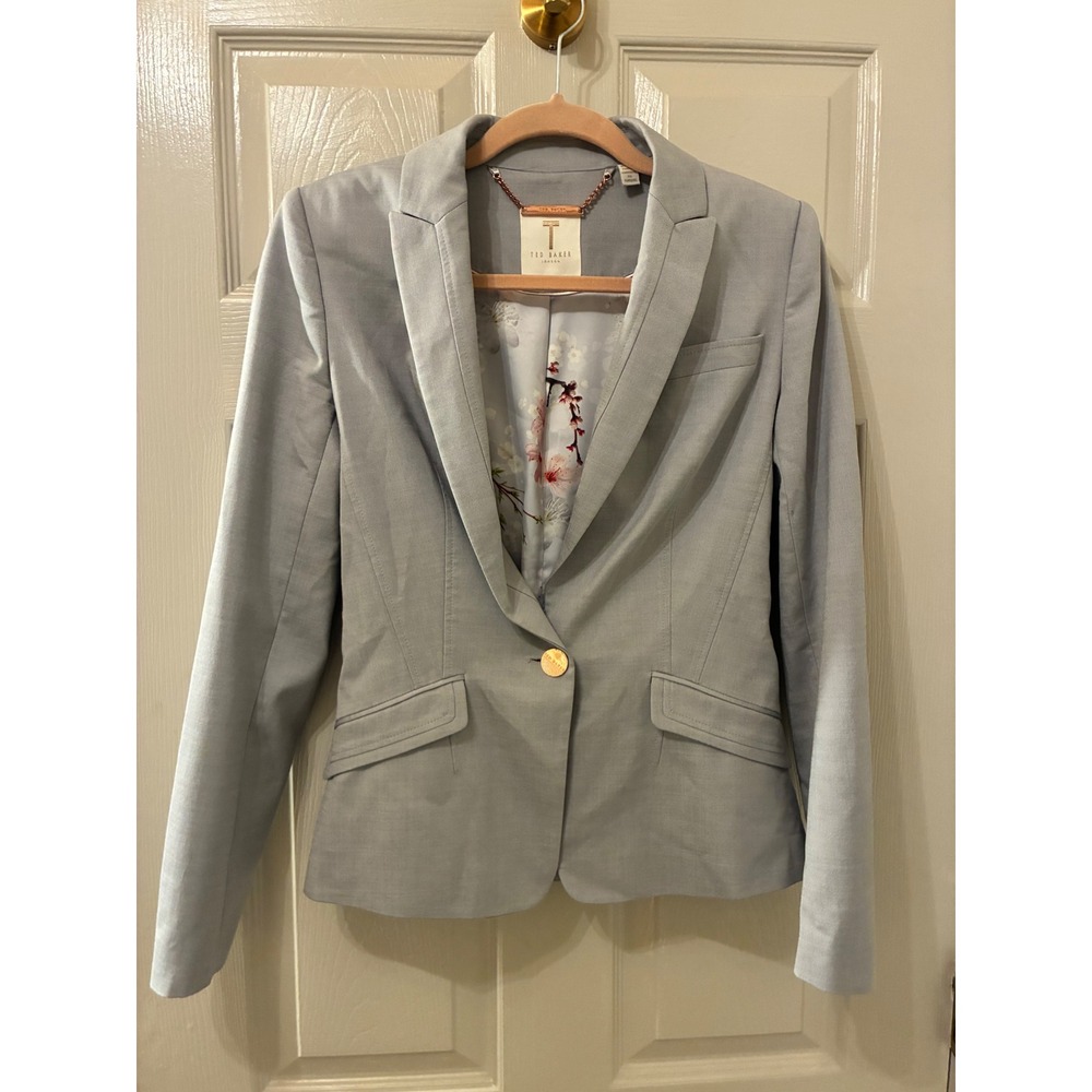 Ted Baker London Light Blue Pant Suit Set Blazer Trousers Floral Lining Size 1 2